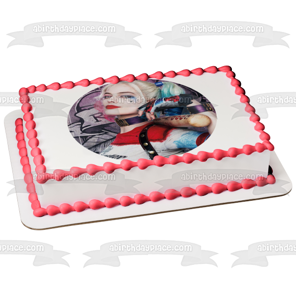 Adorno comestible para tarta con graffiti de Harley Quinn y su bate de béisbol, imagen ABPID06891 