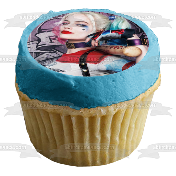 Adorno comestible para tarta con graffiti de Harley Quinn y su bate de béisbol, imagen ABPID06891 