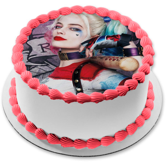 Adorno comestible para tarta con graffiti de Harley Quinn y su bate de béisbol, imagen ABPID06891 