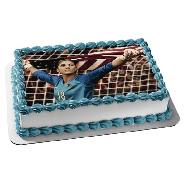 Hope Solo - Portero de fútbol femenino, medallista de oro olímpico con una bandera estadounidense, decoración comestible para tarta, imagen ABPID07318 