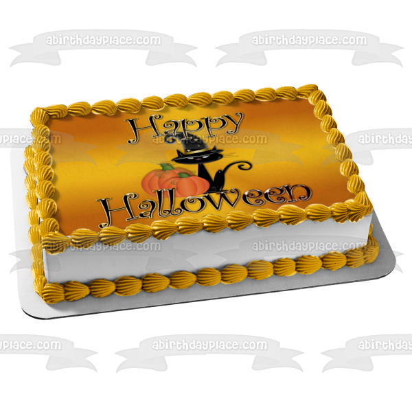 Feliz Halloween Calabazas y un gato negro con sombrero de bruja Adorno comestible para tarta Imagen ABPID06901 