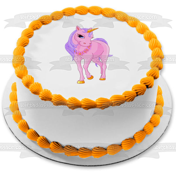 Pink Unicorn Gold Horn Flower and a Necklace Edible Cake Topper Image ABPID06905