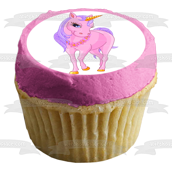 Pink Unicorn Gold Horn Flower and a Necklace Edible Cake Topper Image ABPID06905