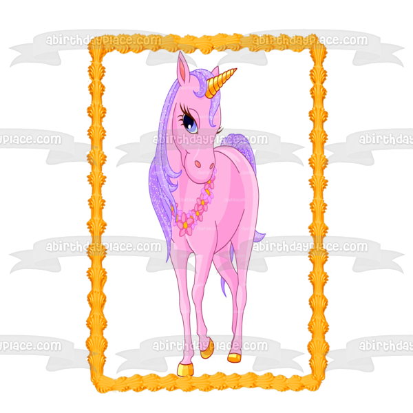 Pink Unicorn Gold Horn Flower and a Necklace Edible Cake Topper Image ABPID06905