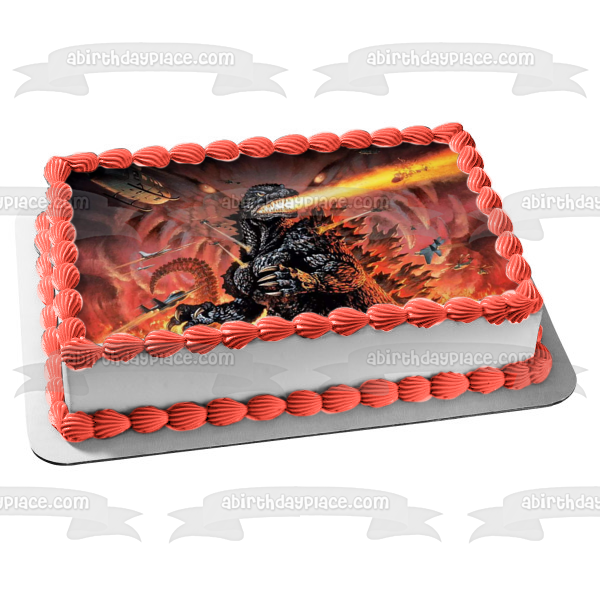 Godzilla Breathing Fire Airplanes and Helicopters Edible Cake Topper Image ABPID07394