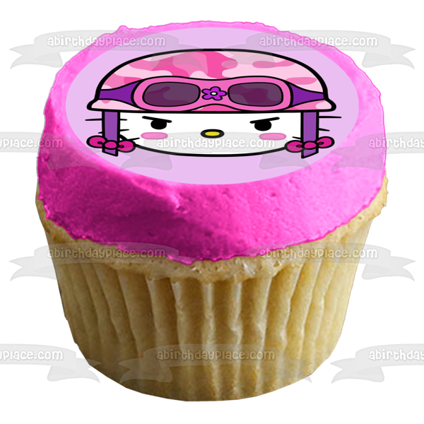 Decoración comestible para tarta con casco y gafas de camuflaje rosa de Hello Kitty, imagen ABPID07443 