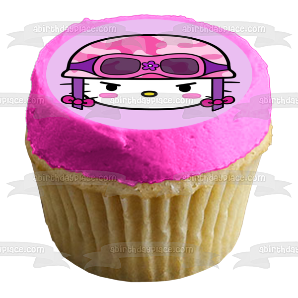 Hello Kitty Pink Camo Helmet and Goggles Edible Cake Topper Image ABPID07443