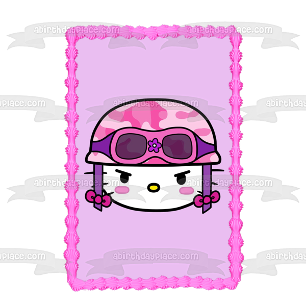 Hello Kitty Pink Camo Helmet and Goggles Edible Cake Topper Image ABPID07443