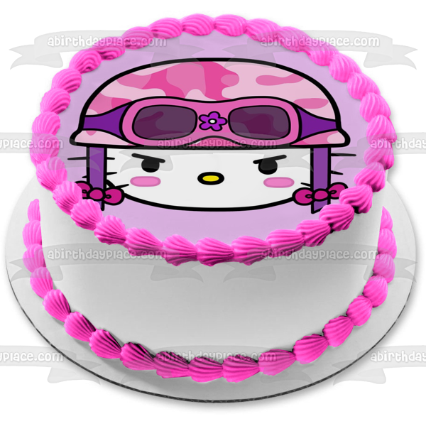 Decoración comestible para tarta con casco y gafas de camuflaje rosa de Hello Kitty, imagen ABPID07443 