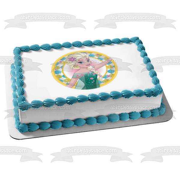 Imagen de decoración comestible para tarta con copos de nieve y girasoles de Frozen Elsa ABPID07636 