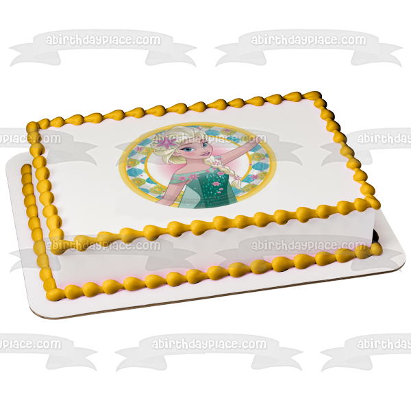 Imagen de decoración comestible para tarta con copos de nieve y girasoles de Frozen Elsa ABPID07636 