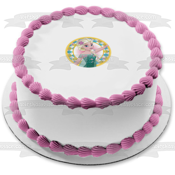 Imagen de decoración comestible para tarta con copos de nieve y girasoles de Frozen Elsa ABPID07636 