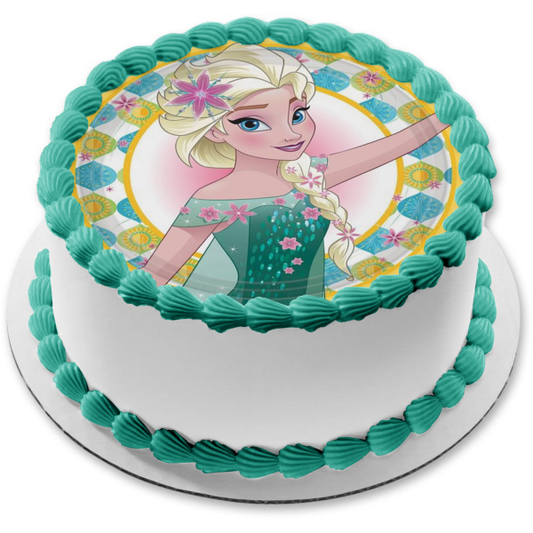 Imagen de decoración comestible para tarta con copos de nieve y girasoles de Frozen Elsa ABPID07636 