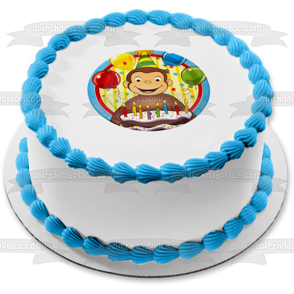 Jorge el Curioso Feliz Cumpleaños Pastel Fiesta Sombrero y Globos Imagen comestible para pastel ABPID07669 