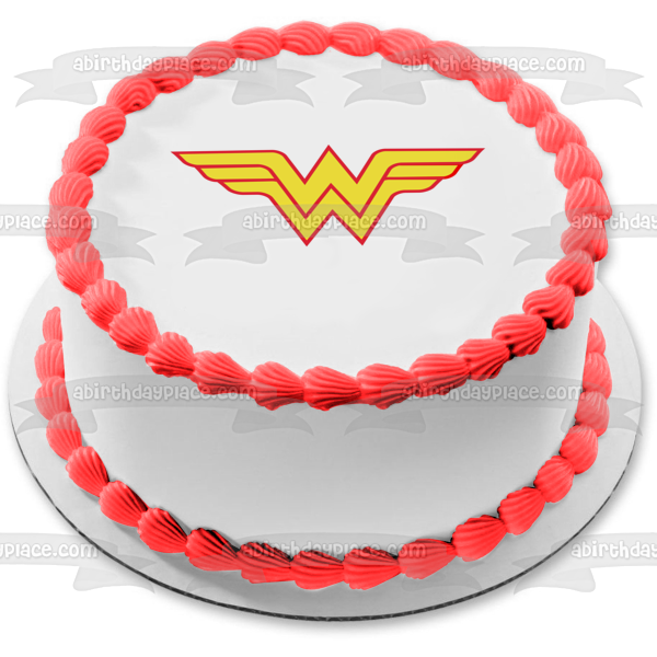 Adorno comestible para tarta con el logotipo de Wonder Woman, rojo y amarillo, imagen ABPID07677 