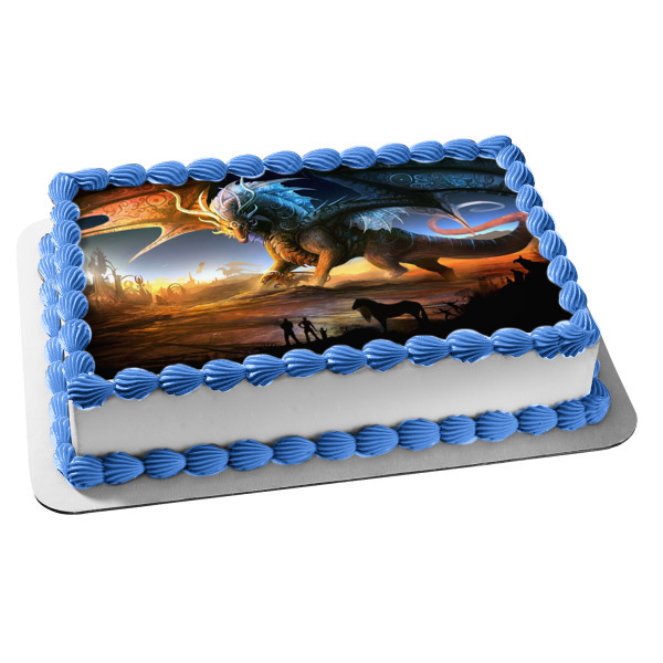 Dragon Fantasy Horses and Human Figures Edible Cake Topper Image ABPID07494