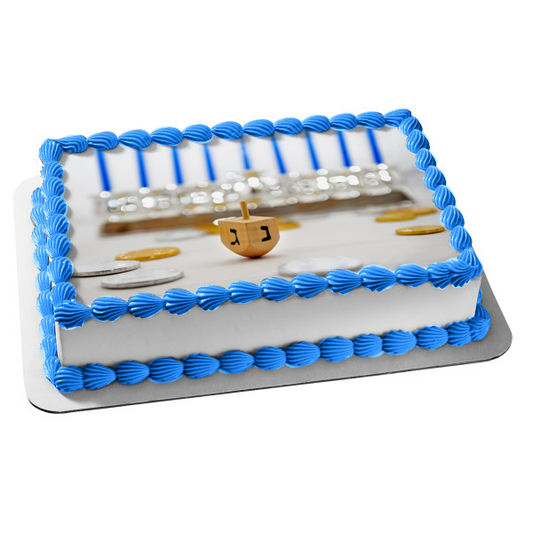 Feliz Hanukkah Dreidel y una menorá imagen comestible para decoración de tarta ABPID07688 