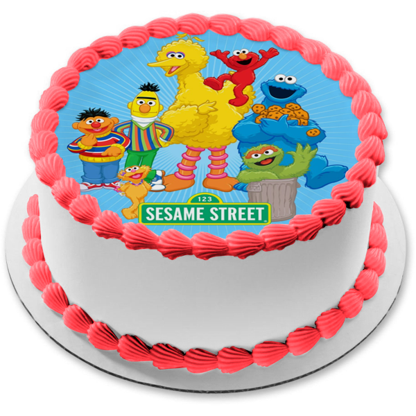 Sesame Street Logo Cookie Monster Cookies Elmo Bert Ernie Zoe and Oscar the Grouch Edible Cake Topper Image ABPID07518