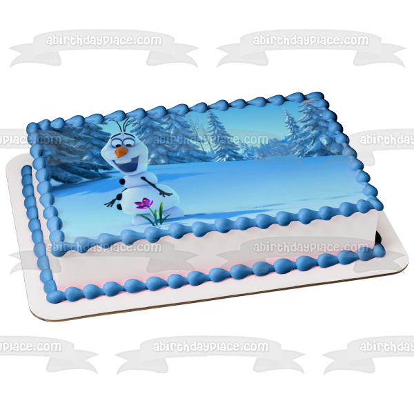 Adorno comestible para tarta con árboles nevados y flores moradas de Frozen Olaf, imagen ABPID07700 