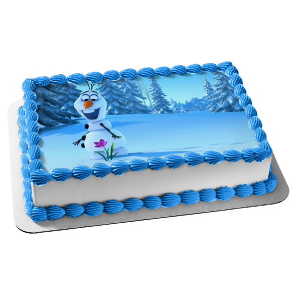 Adorno comestible para tarta con árboles nevados y flores moradas de Frozen Olaf, imagen ABPID07700 