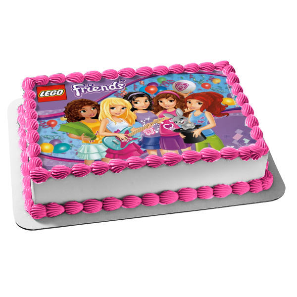 LEGO Friends Logo Stephanie Mia Andrea Emma Olivia and Balloons Edible Cake Topper Image ABPID07724