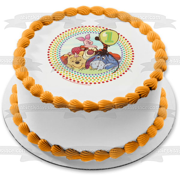 Winnie the Pooh 1er cumpleaños Tigger Piglet Eeyore y un fondo de lunares Imagen comestible para decoración de tarta ABPID07572 