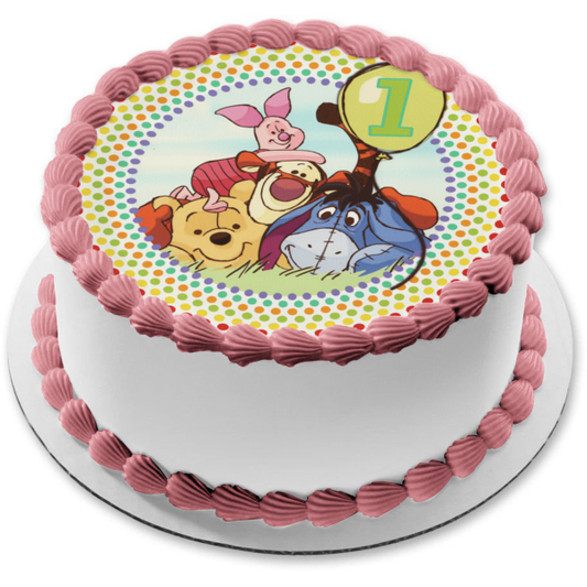 Winnie the Pooh 1er cumpleaños Tigger Piglet Eeyore y un fondo de lunares Imagen comestible para decoración de tarta ABPID07572 