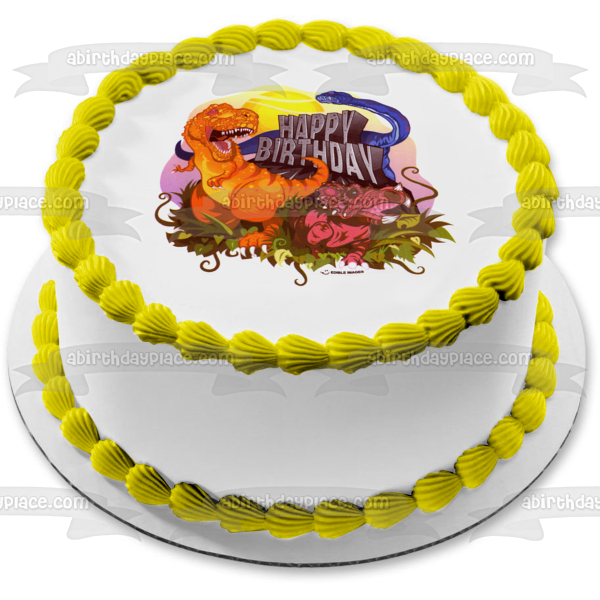 Dinosaur Cartoon Happy Birthday Sun and Grass Edible Cake Topper Image ABPID07900