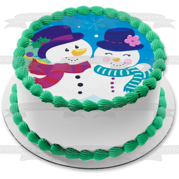 Winter Scene Snowmen Christmas Tree Presents and Snowflakes Edible Cake Topper Image ABPID07911