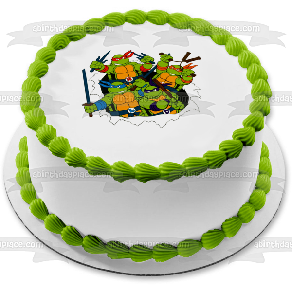 Tortugas Ninja Mutantes Adolescentes Donatello Miguel Ángel Leonardo y Rafael con sus armas Adorno comestible para tarta Imagen ABPID07779 