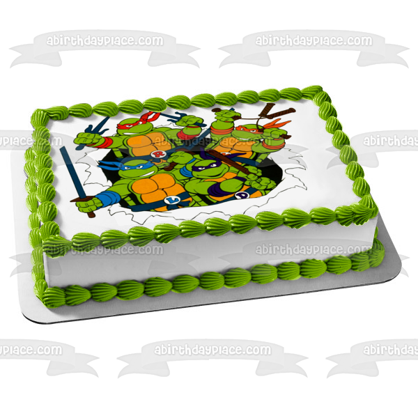 Tortugas Ninja Mutantes Adolescentes Donatello Miguel Ángel Leonardo y Rafael con sus armas Adorno comestible para tarta Imagen ABPID07779 