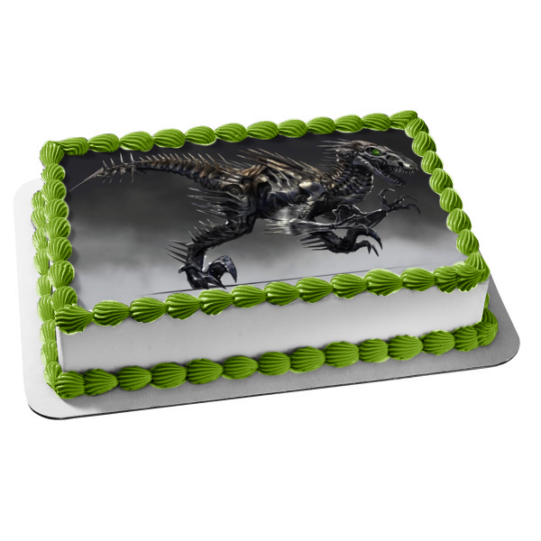 Dinosaur Metal Velociraptor with a Grey Background Edible Cake Topper Image ABPID07944