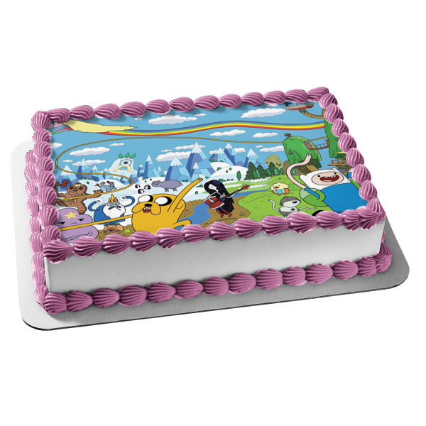 Hora de aventuras Finn Jake el perro Princesa Chicle Montañas nevadas y un adorno comestible para pastel de arcoíris Imagen ABPID07784 