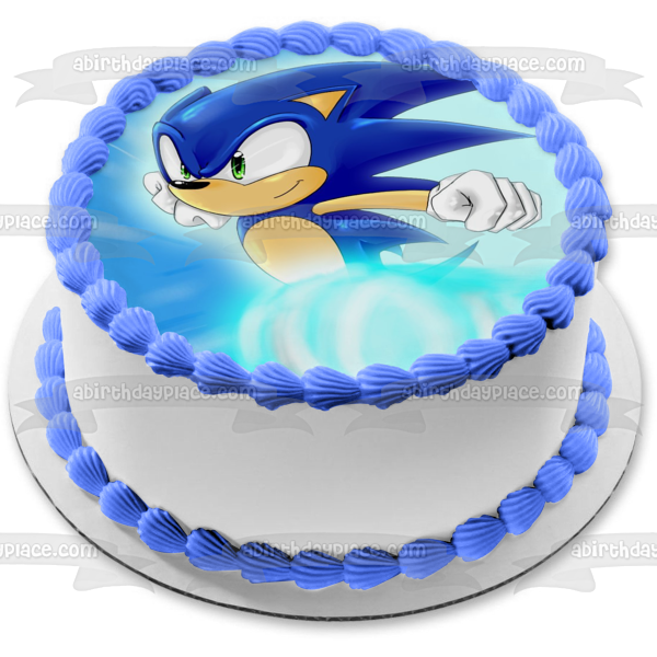 Imagen comestible para decoración de tarta de Sonic the Hedgehog corriendo y un fondo azul ABPID07955 