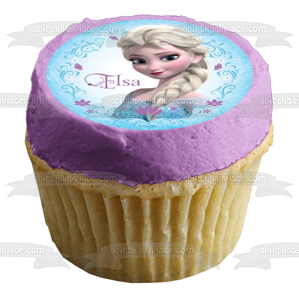 Imagen comestible para decoración de tarta comestible de Elsa de Frozen rodeada de flores moradas ABPID07961 