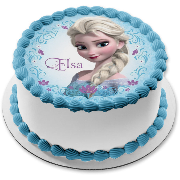 Imagen comestible para decoración de tarta comestible de Elsa de Frozen rodeada de flores moradas ABPID07961 