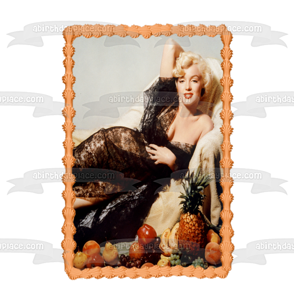 Marilyn Monroe vestido negro piña plátano manzana uvas peras adorno comestible para tarta imagen ABPID07825 