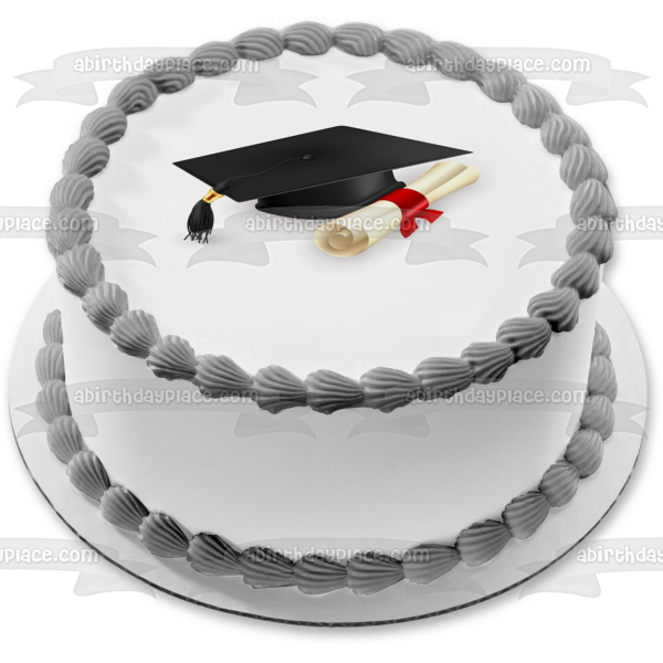 Gorro de graduación con pergamino blanco y negro, adorno comestible para tarta, imagen ABPID08019 