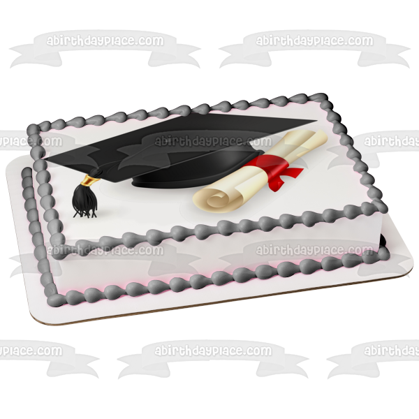 Gorro de graduación con pergamino blanco y negro, adorno comestible para tarta, imagen ABPID08019 