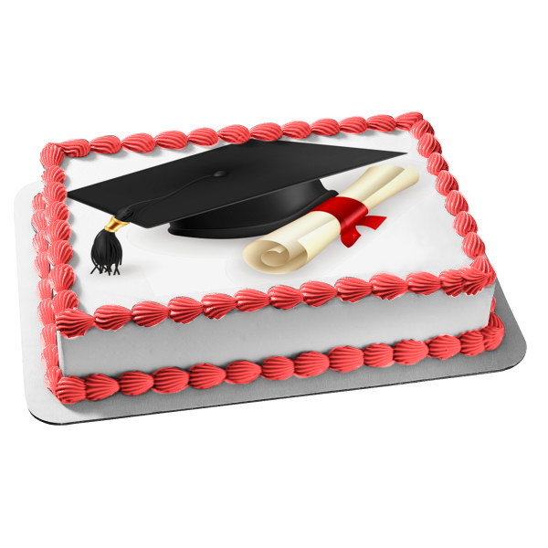 Gorro de graduación con pergamino blanco y negro, adorno comestible para tarta, imagen ABPID08019 