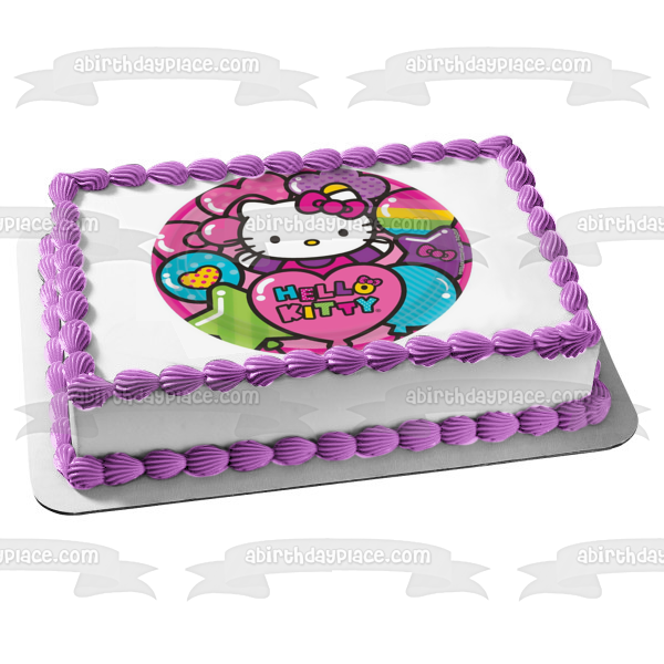 Decoración comestible para tarta con globos y estrellas de Hello Kitty, imagen ABPID08027 