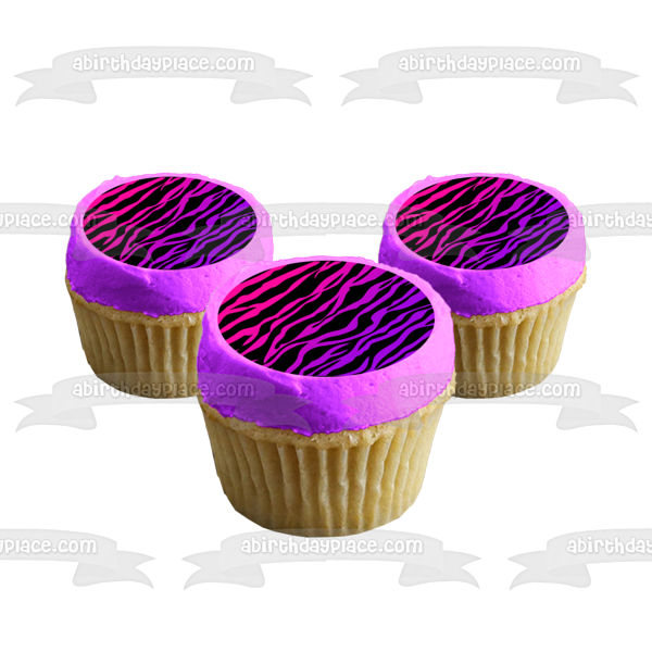 Adorno comestible para tarta con estampado de rayas de cebra rosa y morado, imagen ABPID07833 