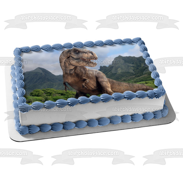 Jurassic World Tyrannosaurus Rex Mountains and Trees Edible Cake Topper Image ABPID07850