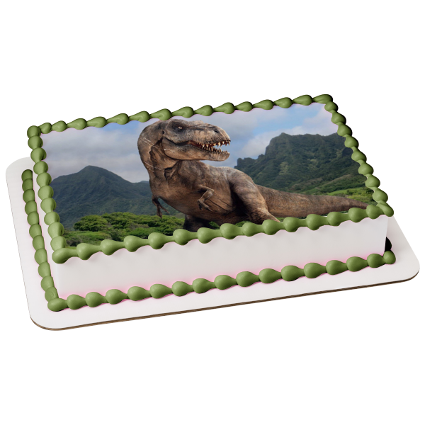 Jurassic World Tyrannosaurus Rex Mountains and Trees Edible Cake Topper Image ABPID07850