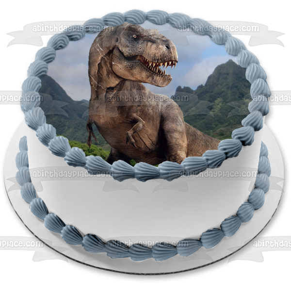 Jurassic World Tyrannosaurus Rex Mountains and Trees Edible Cake Topper Image ABPID07850