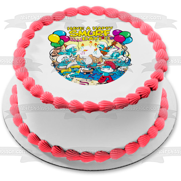 The Smurfs Happy Birthday Papa Smurf Smurfette Harmony Smurf Cake and Balloons Edible Cake Topper Image ABPID08059