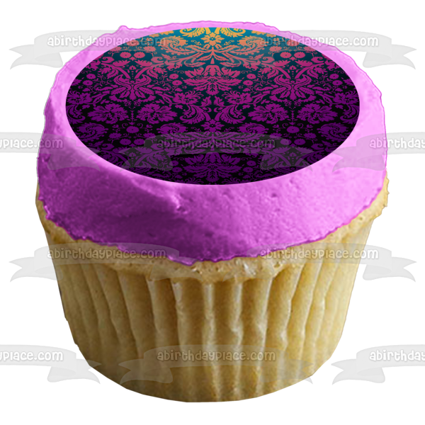 Imagen comestible para decoración de tarta con diseño de fondo de damasco rosa y morado ABPID07856 