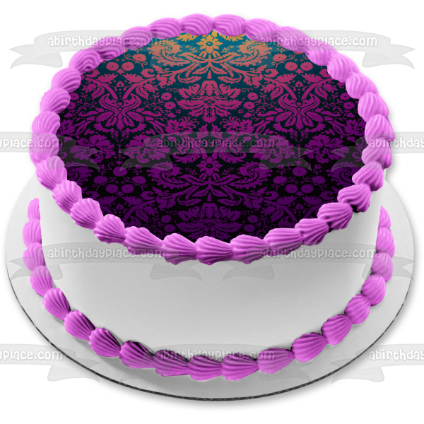 Imagen comestible para decoración de tarta con diseño de fondo de damasco rosa y morado ABPID07856 