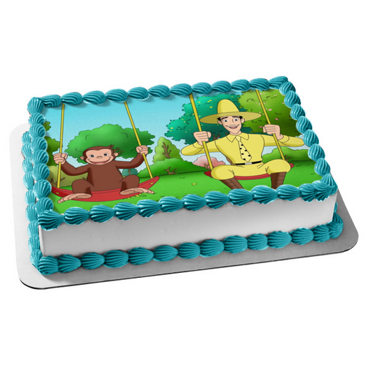 Curious George Swinging with the Man with the Yellow Hat Edible Cake Topper Image ABPID07878