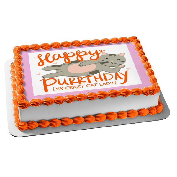 Happy Purrthday Ya Crazy Cat Lady - Adorno comestible para tarta con diseño de gato gris y corazones morados, imagen ABPID08111 